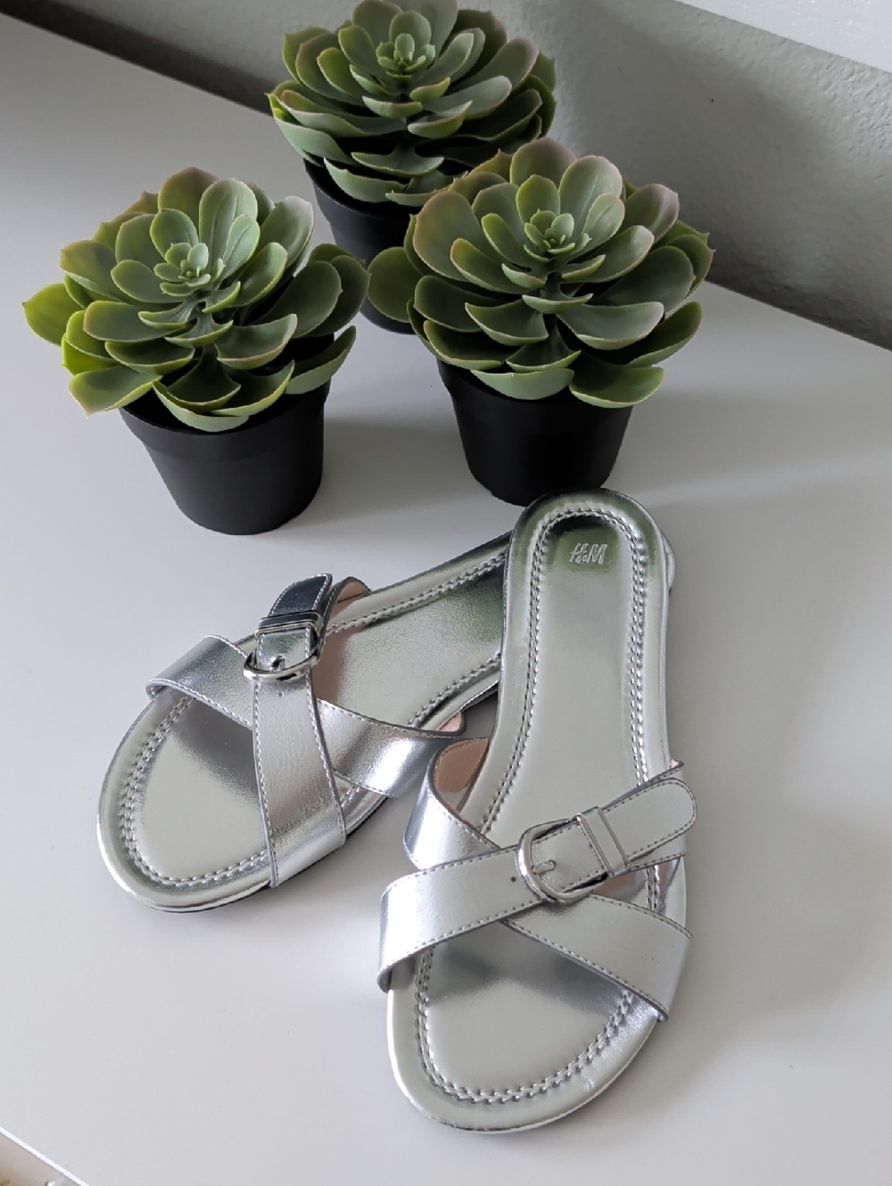 H&M Silver Buckle Cross-Strap Slide Sandals
